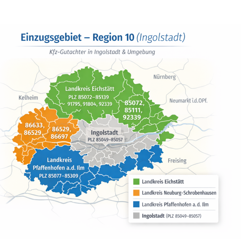 Einzugsgebiet – Alpat Kfz-Gutachten & Engineering Einzugsgebiet Alpat – Kfz-Gutachter Region 10 Ingolstadt Kösching Region 10 München Nürnberg Augsburg